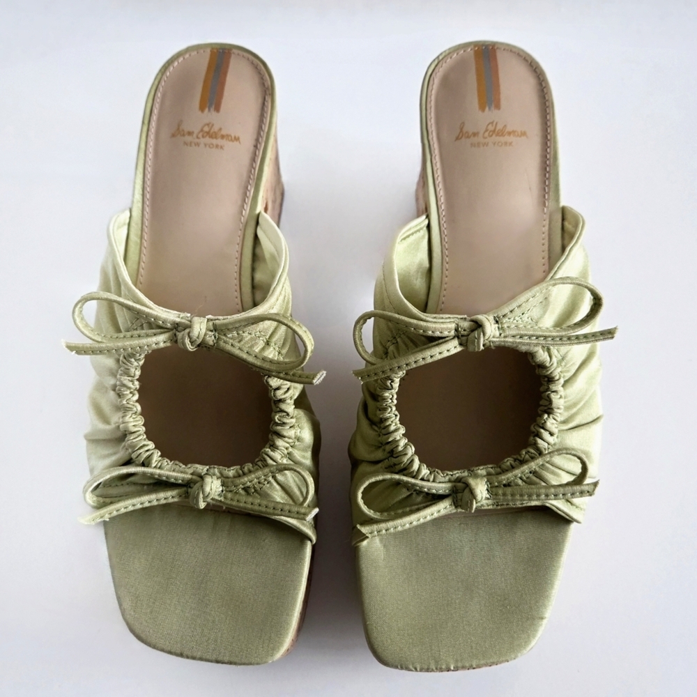 Sam Edelman Cork Platform Slip-On Sandals, Green Satin & Cork, EUC Size 9 - Picture 4 of 16